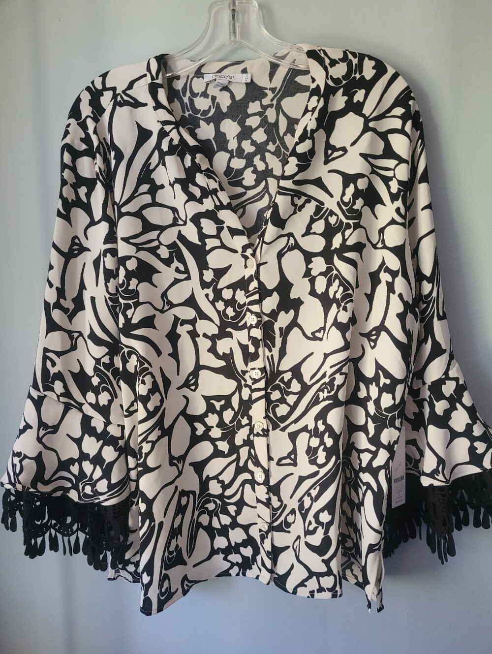 Chico's Black & White Floral-Print Button-Down Top with Tassel Trim